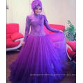 Purple Dubai Arabic Muslim High Neck Lace HiJab Wedding Dress with Sleeves